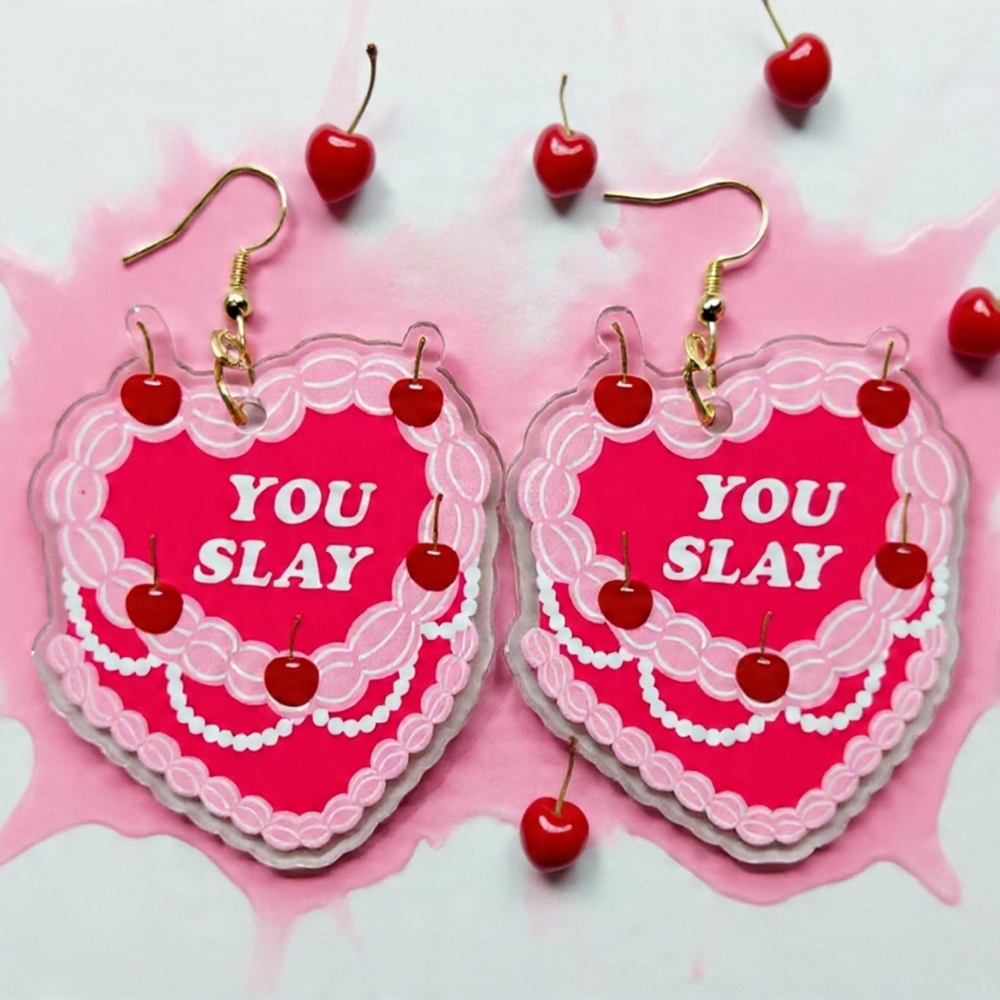 Pink Vintage Heart Cake Earrings with 'You Slay'